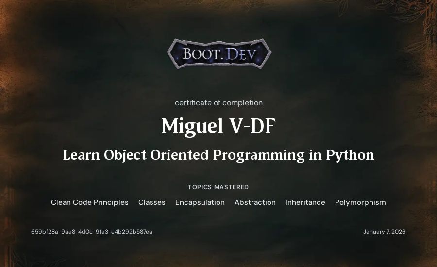 Miguel Vitta's Boot.dev Learn Object Oriented Programming in Python certificate