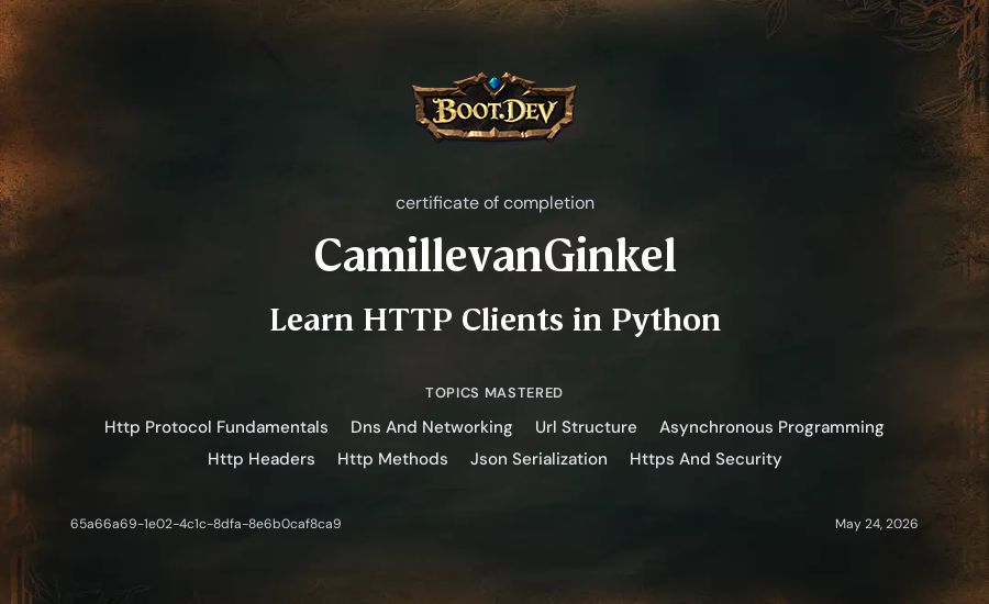 CamillevanGinkel's Boot.dev Learn HTTP Clients in Python certificate
