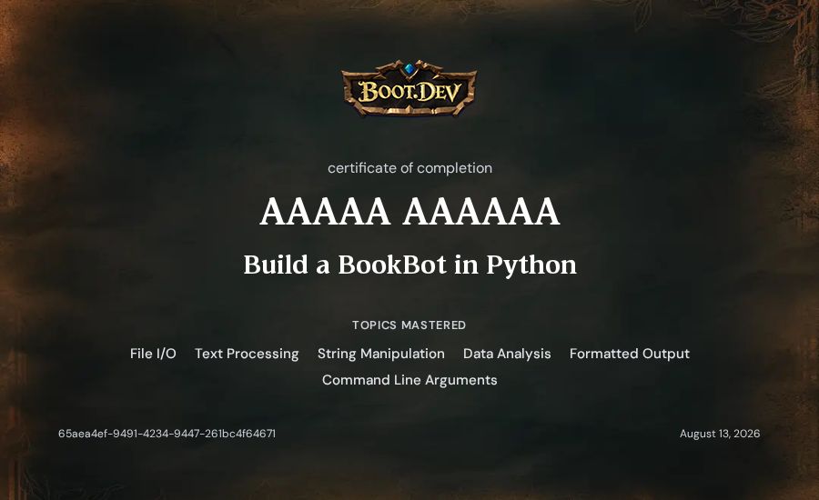 AAAAA AAAAAA's Boot.dev Build a BookBot in Python certificate