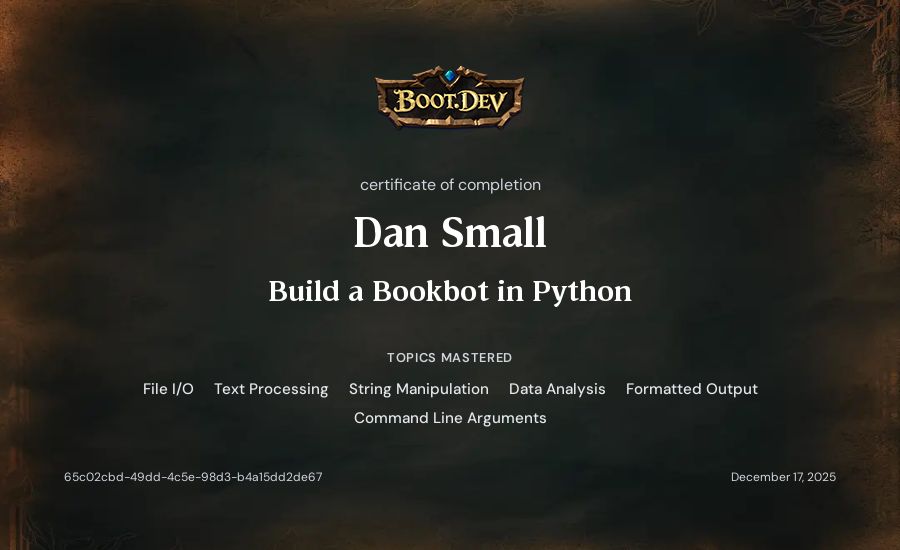 Dan Small's Boot.dev Build a BookBot in Python certificate