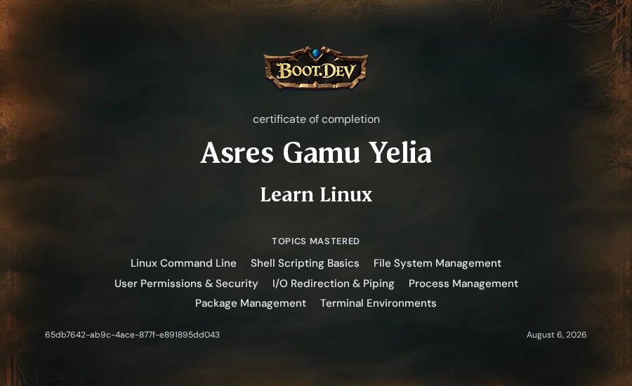 Asres Gamu Yelia's Boot.dev Learn Linux certificate