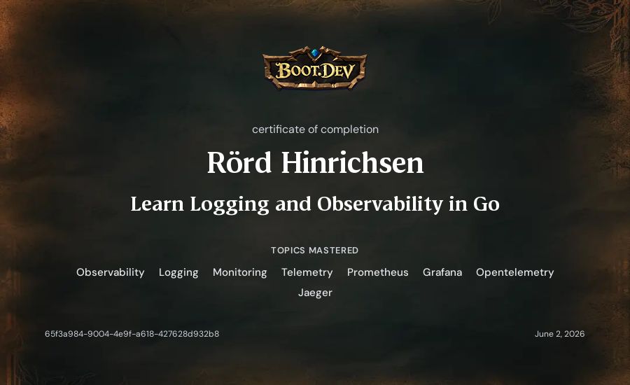 Rörd Hinrichsen's Boot.dev Learn Logging and Observability in Go certificate
