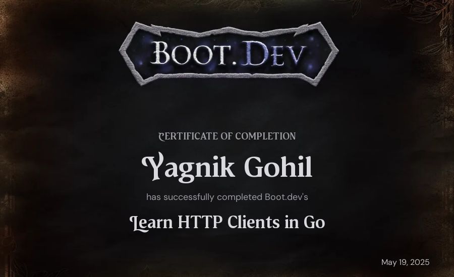 Yagnik Gohil's Boot.dev Learn HTTP Clients in Go certificate