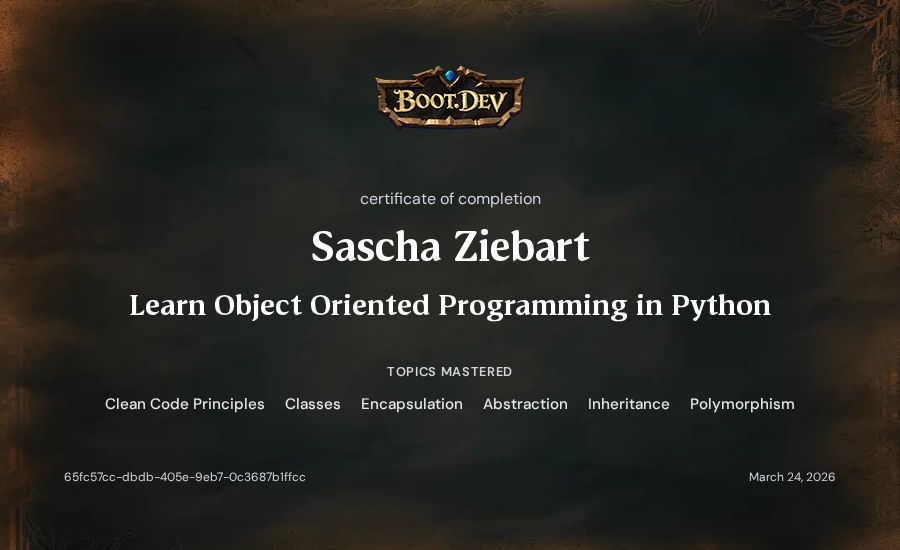 Sascha Ziebart's Boot.dev Learn Object Oriented Programming in Python certificate