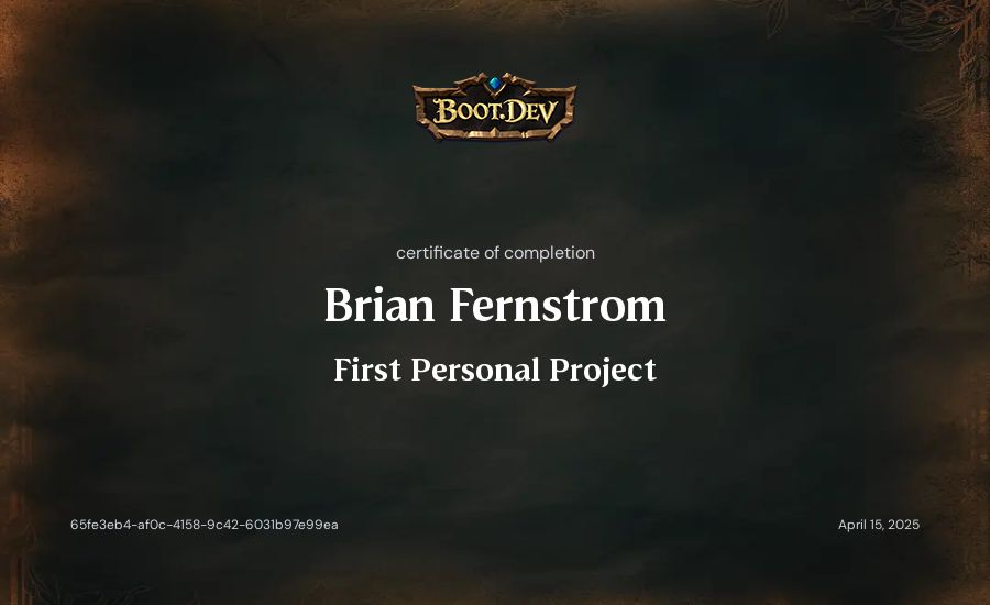 Brian Fernstrom's Boot.dev First Personal Project certificate