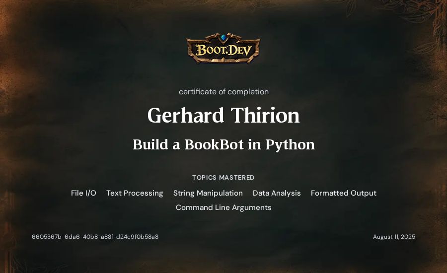 Gerhard Thirion's Boot.dev Build a BookBot in Python certificate