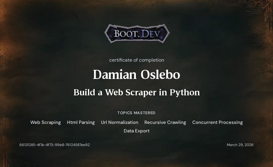 Damian Oslebo's Boot.dev Build a Web Scraper in Python certificate