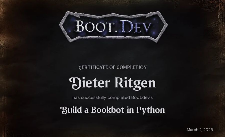 Dieter Ritgen's Boot.dev Build a BookBot in Python certificate