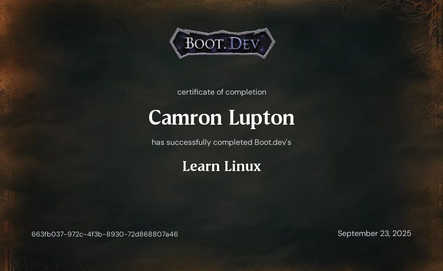 Camron Lupton's Boot.dev Learn Linux certificate