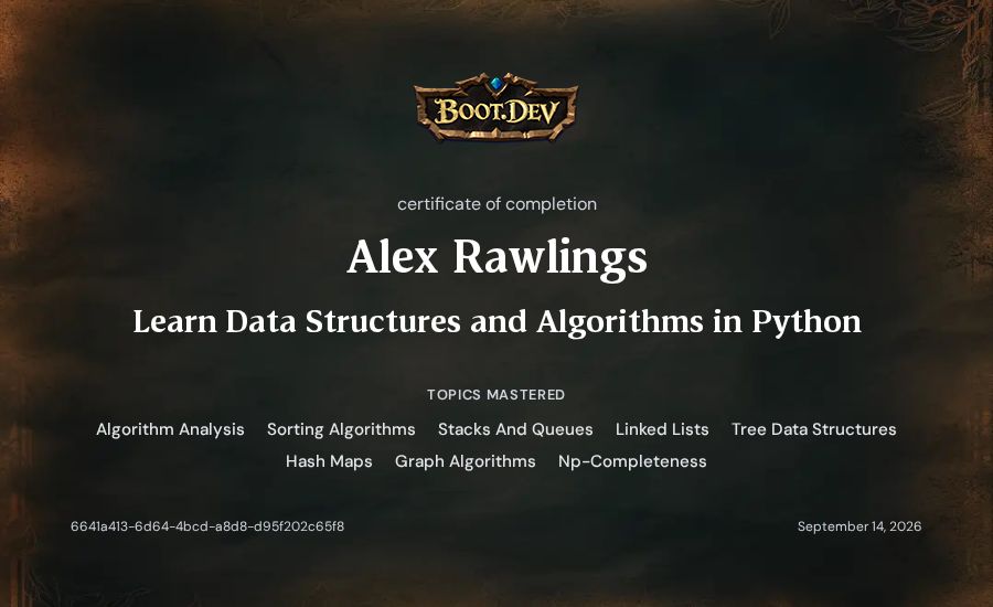 Alex Rawlings's Boot.dev Learn Data Structures and Algorithms in Python certificate