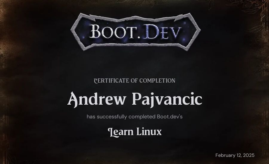 Andrew Pajvancic's Boot.dev Learn Linux certificate