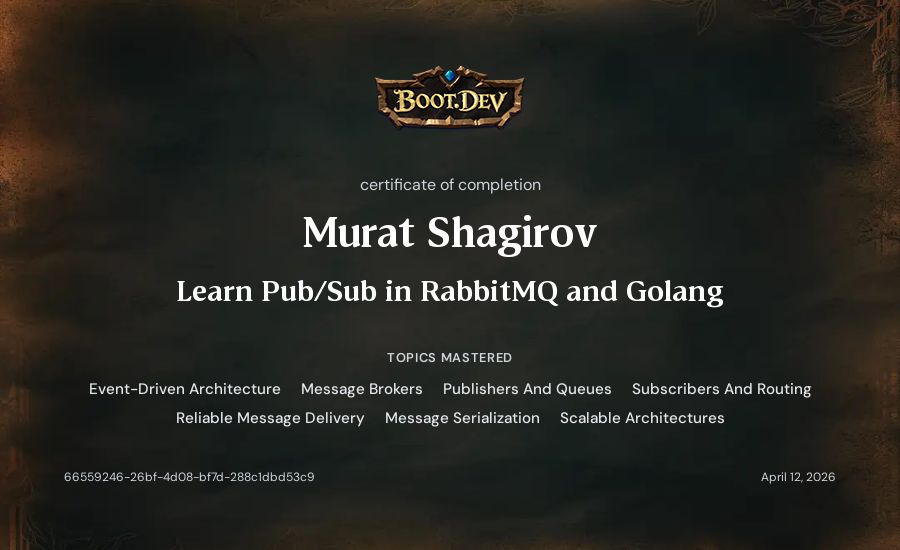 Murat Shagirov's Boot.dev Learn Pub/Sub in RabbitMQ and Go certificate