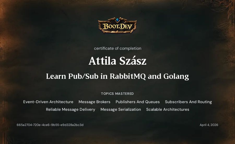 Attila Szász's Boot.dev Learn Pub/Sub in RabbitMQ and Go certificate
