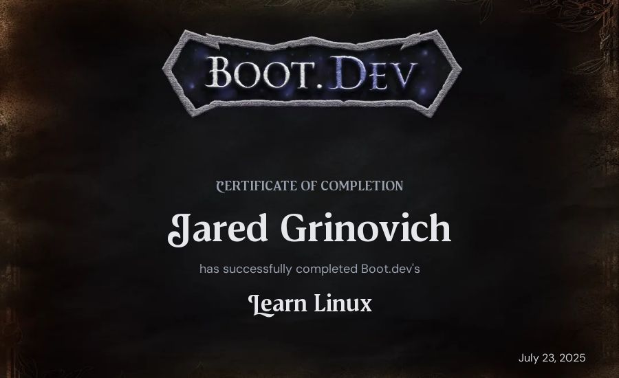 Jared Grinovich's Boot.dev Learn Linux certificate