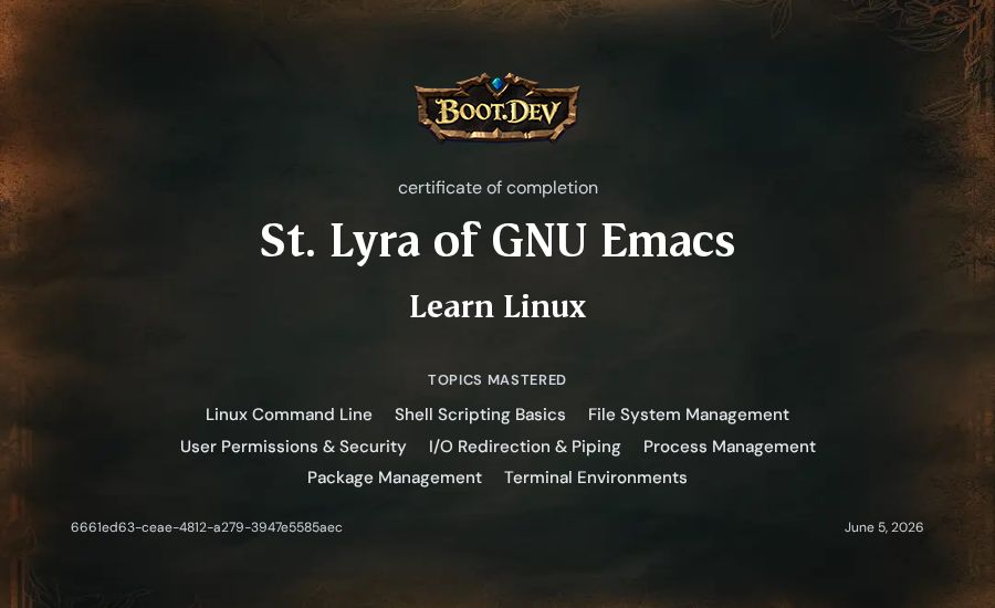 St. Lyra of GNU Emacs's Boot.dev Learn Linux certificate