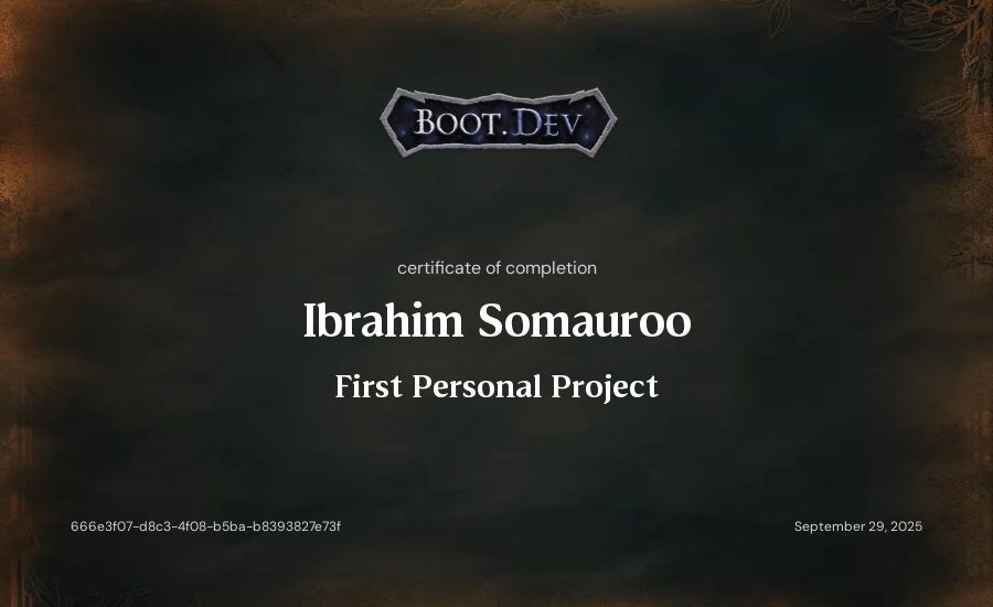 Ibrahim Somauroo's Boot.dev First Personal Project certificate