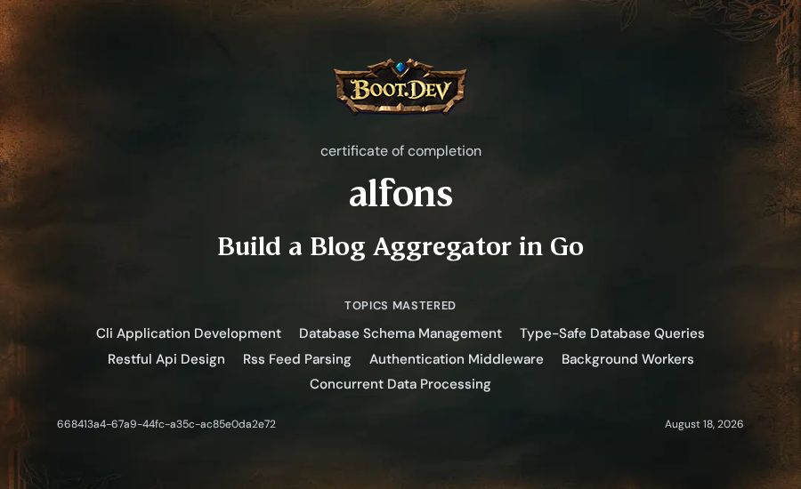 alfons's Boot.dev Build a Blog Aggregator in Go certificate