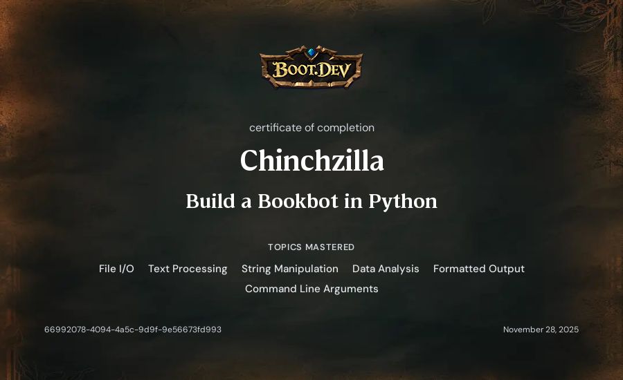 Chinchzilla's Boot.dev Build a BookBot in Python certificate