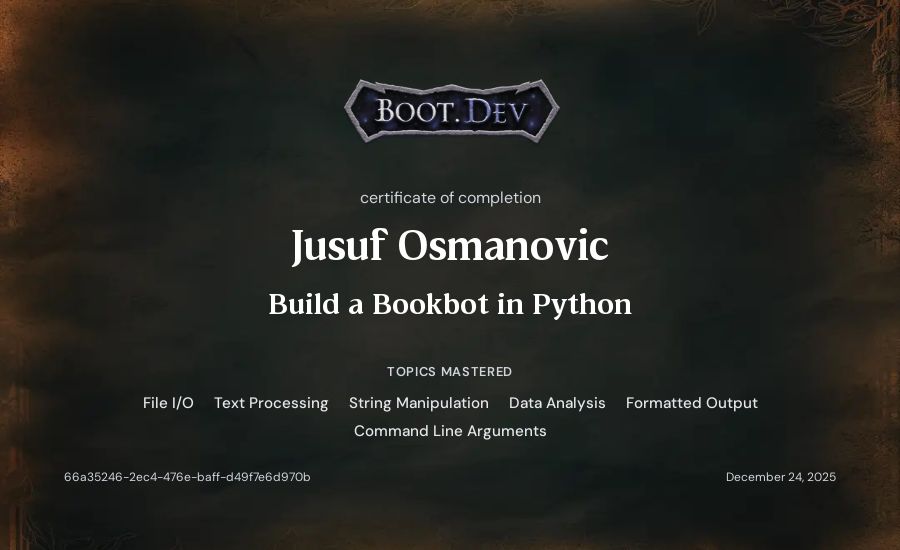 Jusuf Osmanovic's Boot.dev Build a BookBot in Python certificate