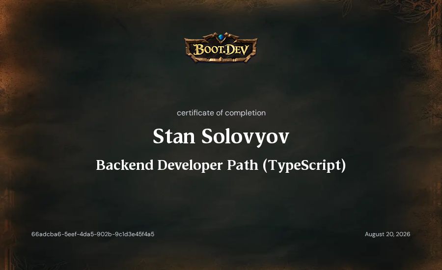Stan Solovyov's Boot.dev Backend Developer Path (TypeScript) certificate