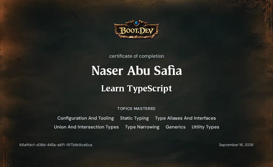 Naser Abu Safia's Boot.dev Learn TypeScript certificate