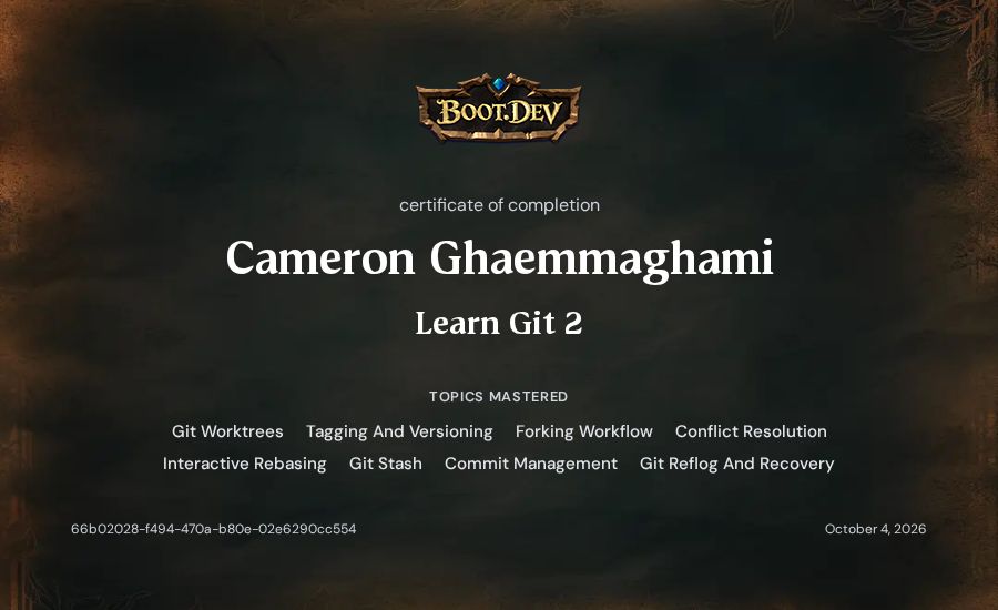 Cameron Ghaemmaghami's Boot.dev Learn Git 2 certificate
