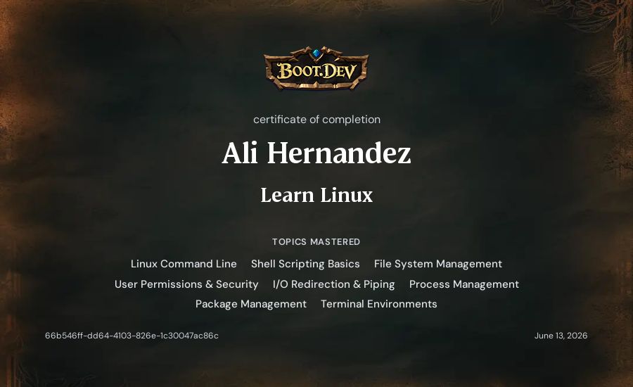 Ali Hernandez's Boot.dev Learn Linux certificate
