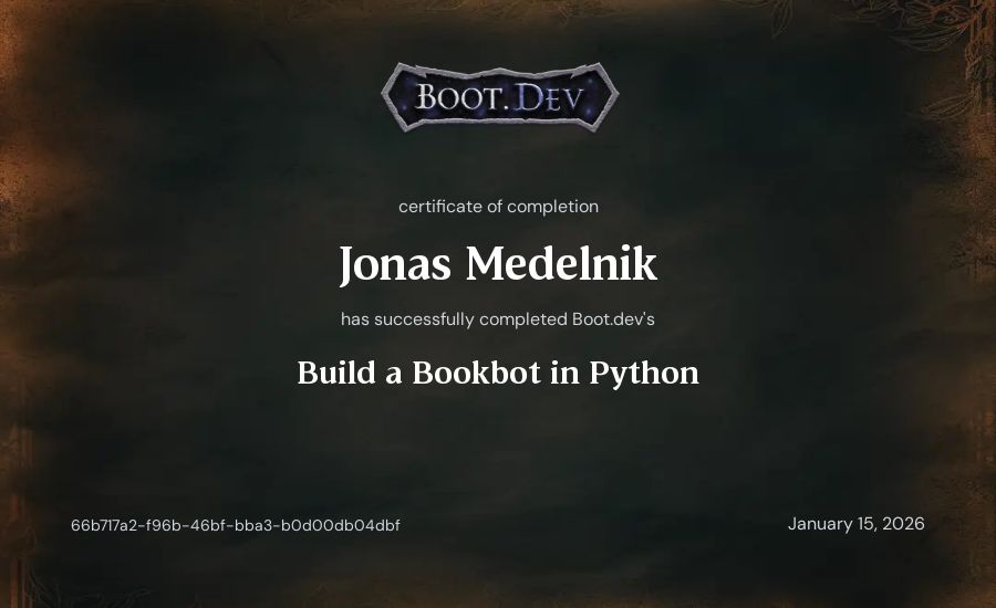 Jonas Medelnik's Boot.dev Build a BookBot in Python certificate