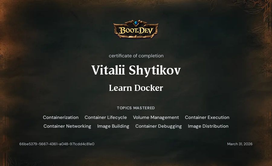 Vitalii Shytikov's Boot.dev Learn Docker certificate