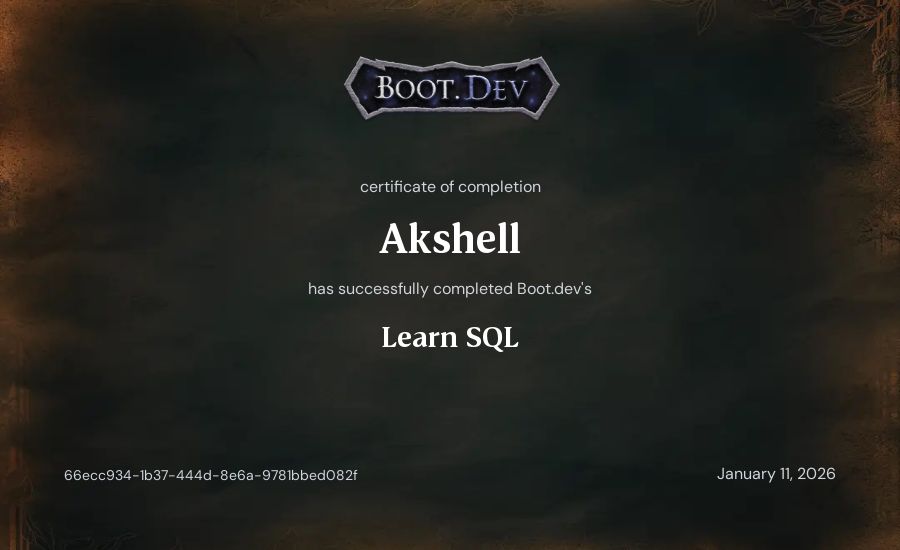 Akshell's Boot.dev Learn SQL certificate