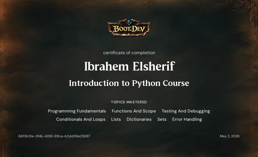 Ibrahem Elsherif's Boot.dev Introduction to Python Course certificate