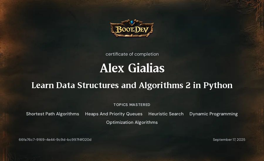 Alex Gialias's Boot.dev Learn Data Structures and Algorithms 2 in Python certificate