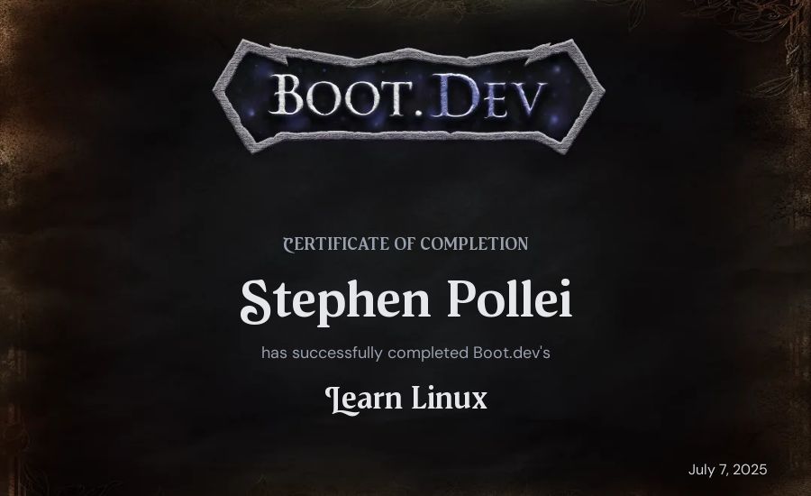 Stephen Pollei's Boot.dev Learn Linux certificate
