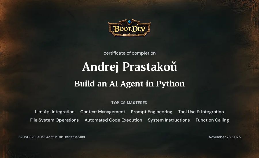 Andrej Prastakoŭ's Boot.dev Build an AI Agent in Python certificate