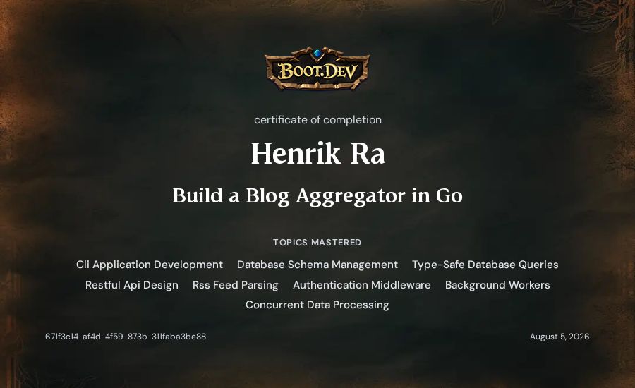 Henrik Ra's Boot.dev Build a Blog Aggregator in Go certificate