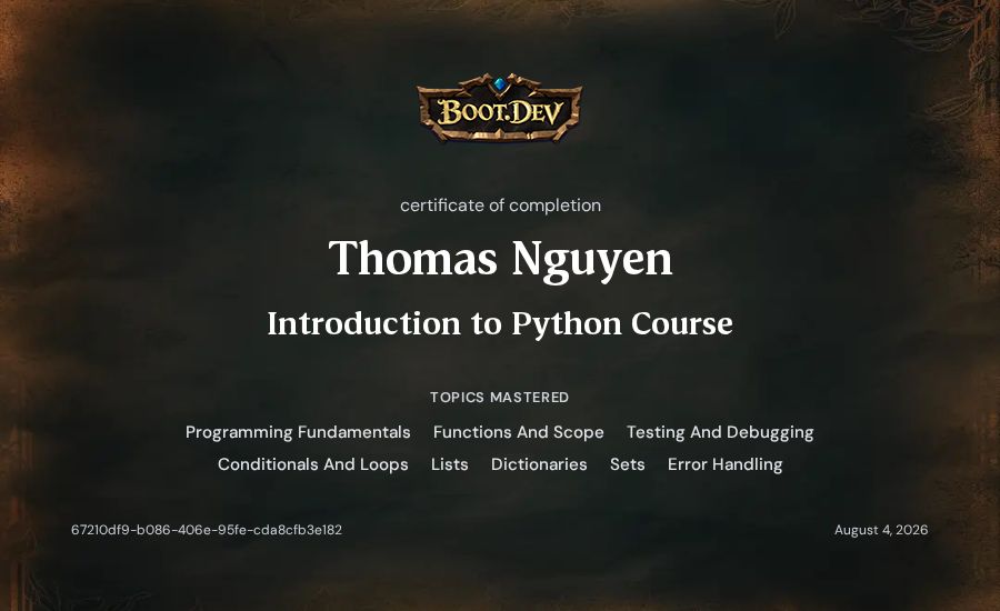 Thomas Nguyen's Boot.dev Introduction to Python Course certificate