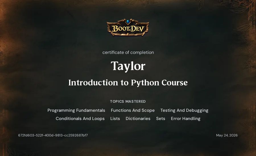 Taylor's Boot.dev Introduction to Python Course certificate