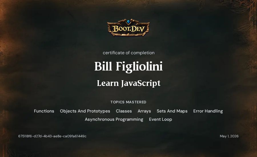 Bill Figliolini's Boot.dev Learn JavaScript certificate