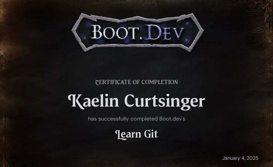 Kaelin Curtsinger's Boot.dev Learn Git certificate
