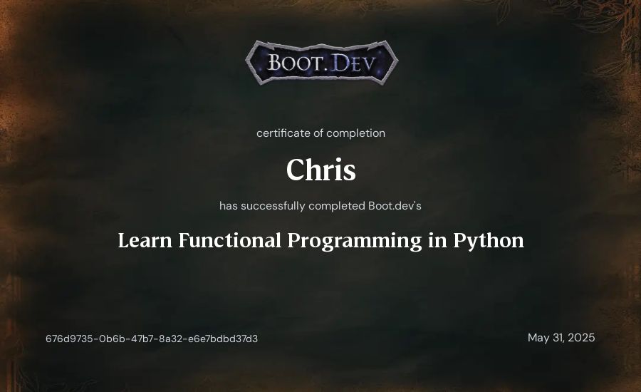 Fever Dreglord's Boot.dev Learn Functional Programming in Python certificate