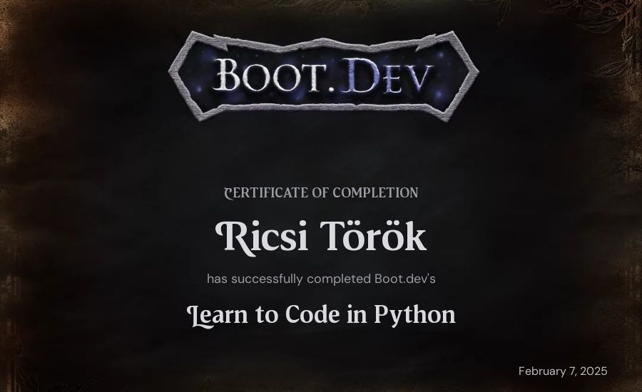 Ricsi Török's Boot.dev Introduction to Python Course certificate
