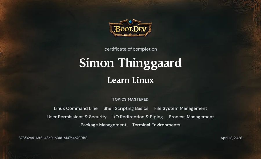 Simon Thinggaard's Boot.dev Learn Linux certificate