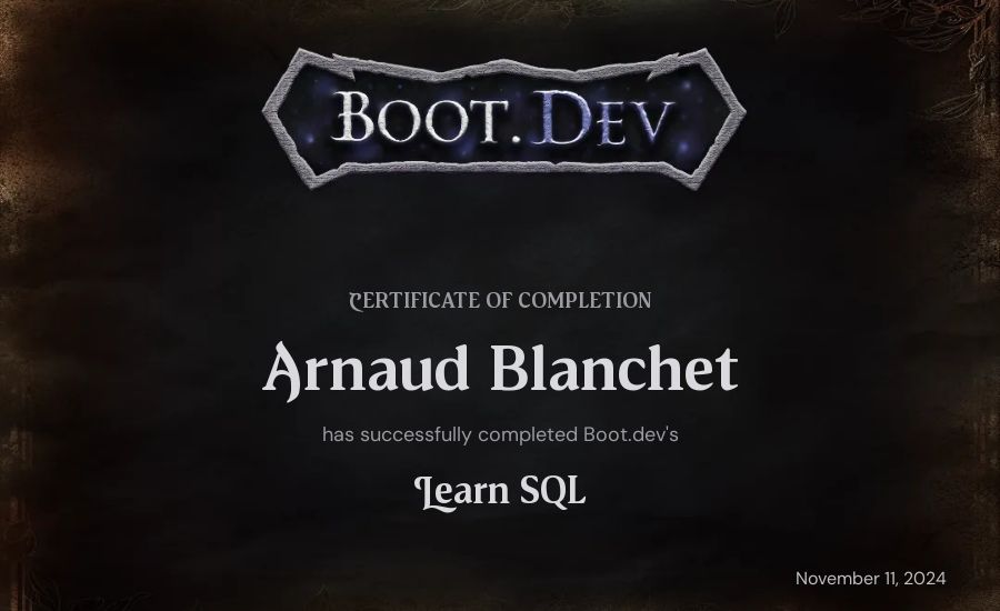 A Blanchet's Boot.dev Learn SQL certificate