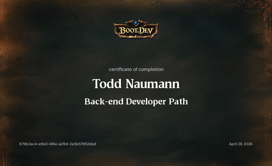 Todd Naumann's Boot.dev Back-end Developer Path certificate