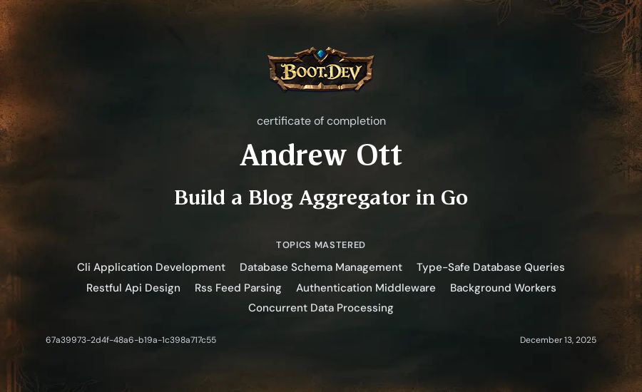 Andrew Ott's Boot.dev Build a Blog Aggregator in Go certificate