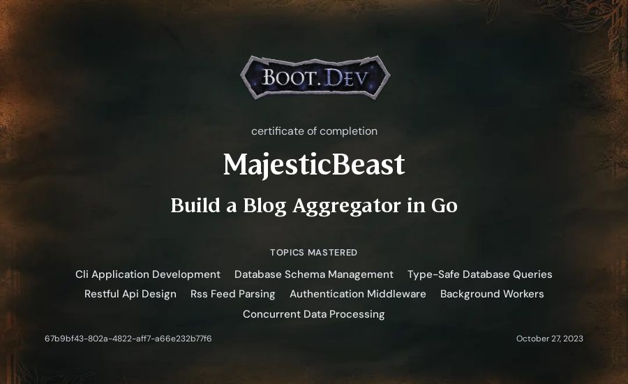 MajesticBeast's Boot.dev Build a Blog Aggregator in Go certificate