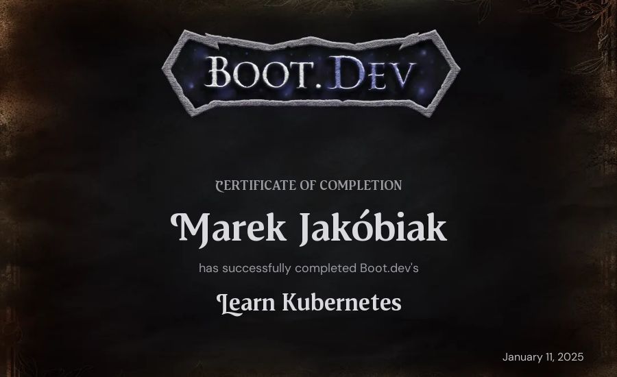 Marek Jakóbiak's Boot.dev Learn Kubernetes certificate