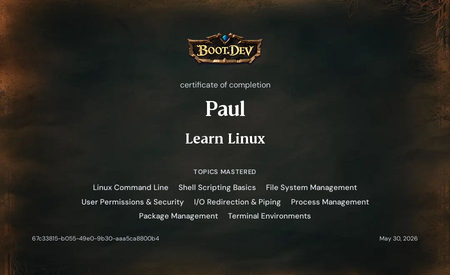 Paul's Boot.dev Learn Linux certificate