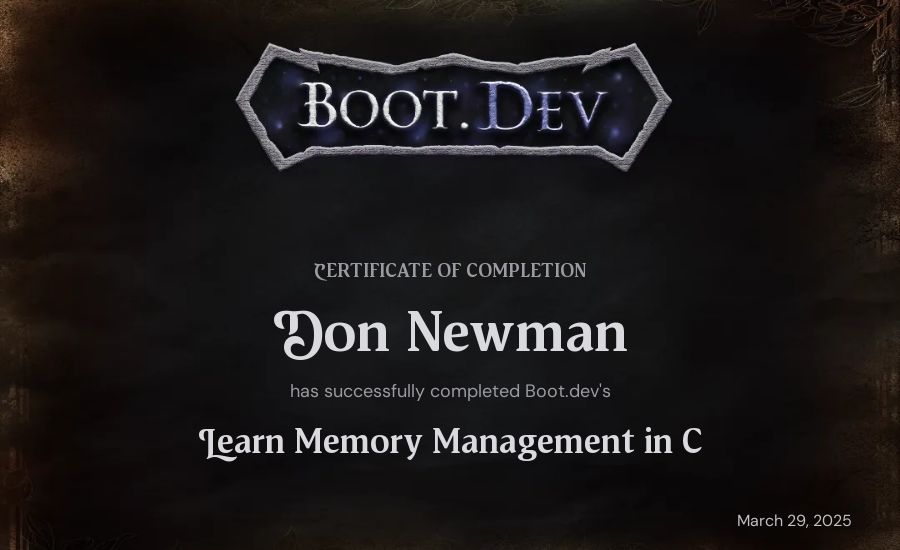 Don Newman's Boot.dev Learn Memory Management in C certificate