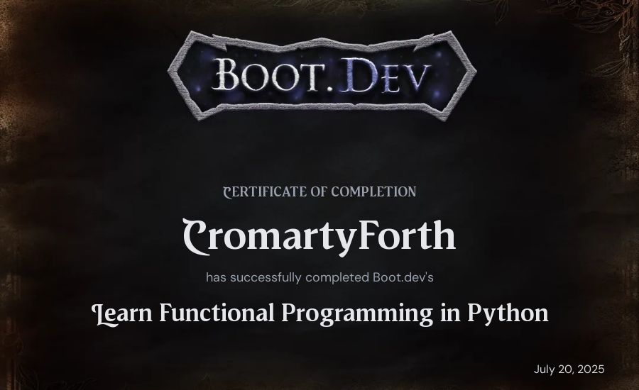 CromartyForth's Boot.dev Learn Functional Programming in Python certificate